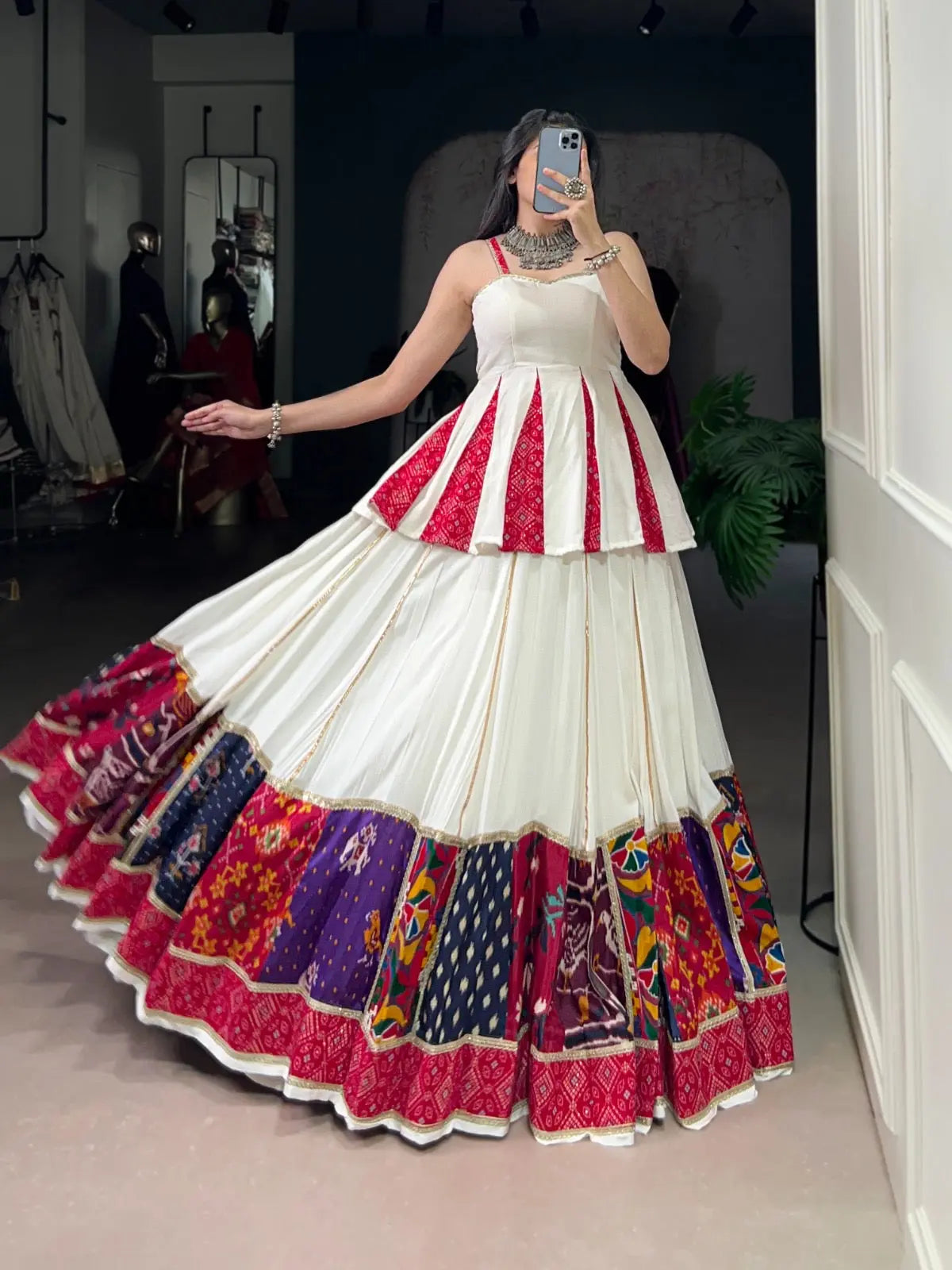 Rayon Patch Lace Work with Bandhani Print White Concept Navratri Garba Special Lehenga Choli (Ready to Wear)