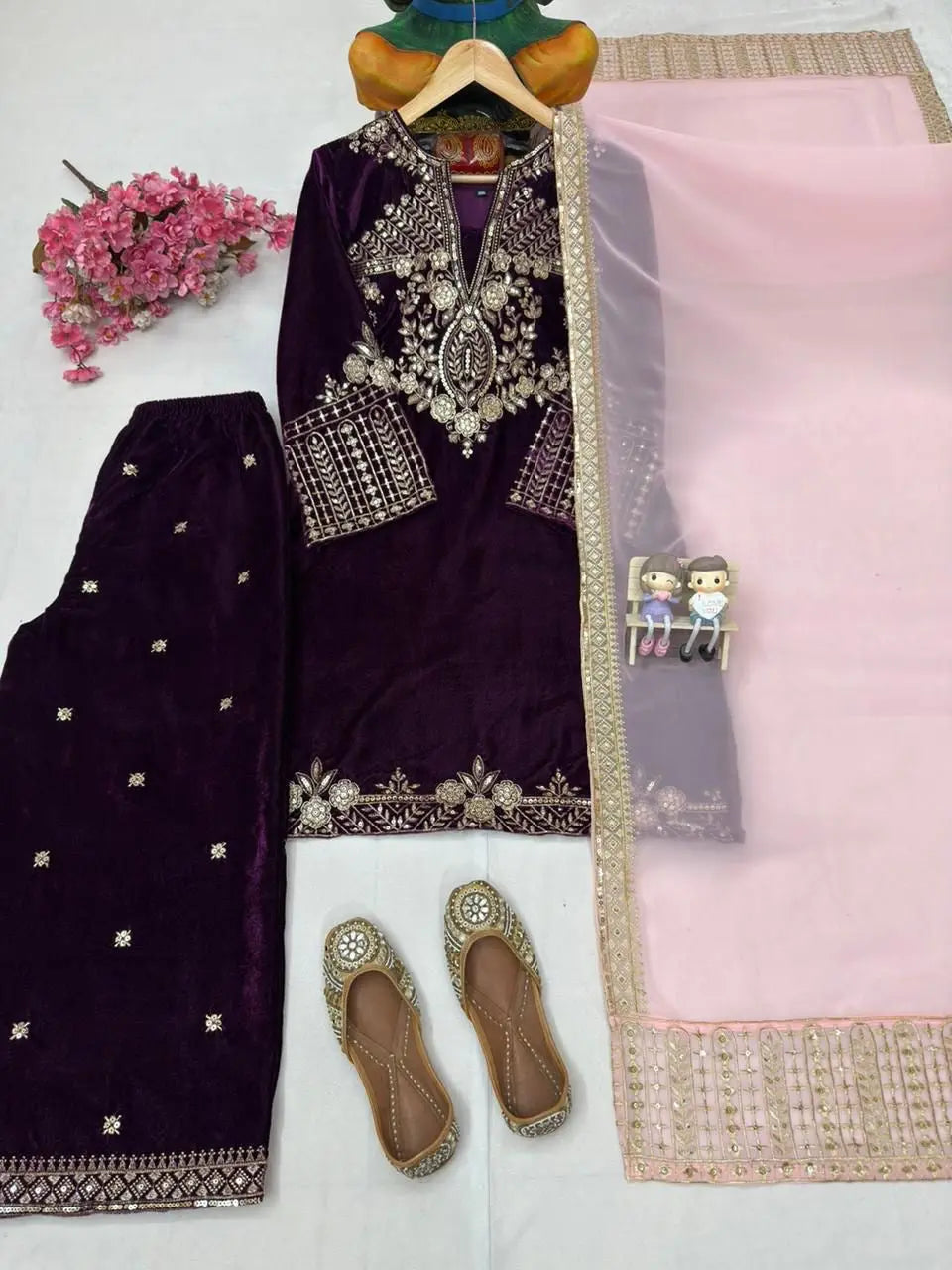 Sequence 5mm Embroidery Work Winter Special Designer Velvet Kurti Pant Dupatta Set (Ready To Wear)