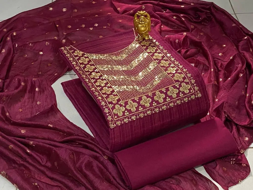 Silk Sequence Neck work Dress Material (Unstitched)