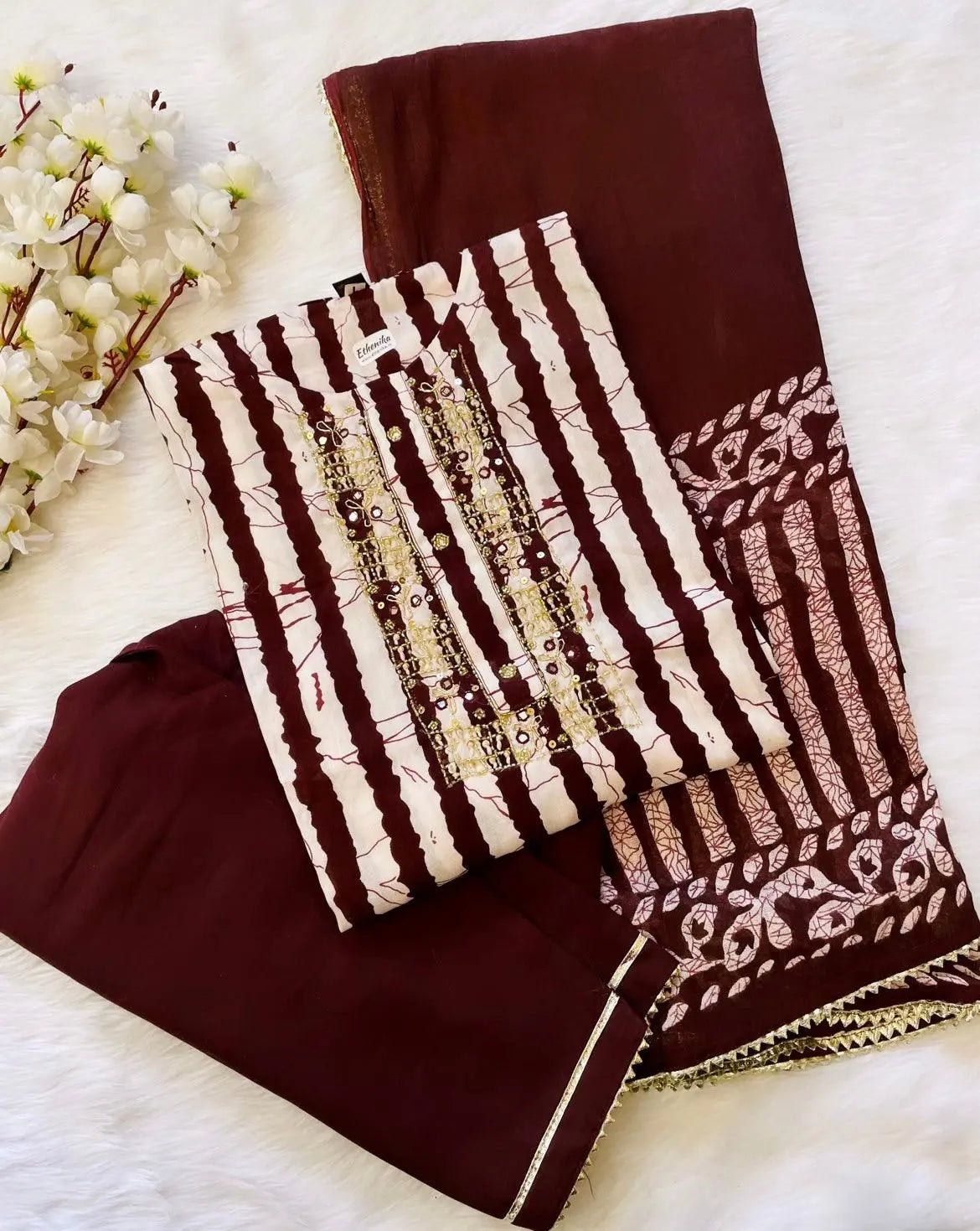 Soft Cotton Batik Neckline work Kurti Pant Dupatta Set (Stitched)