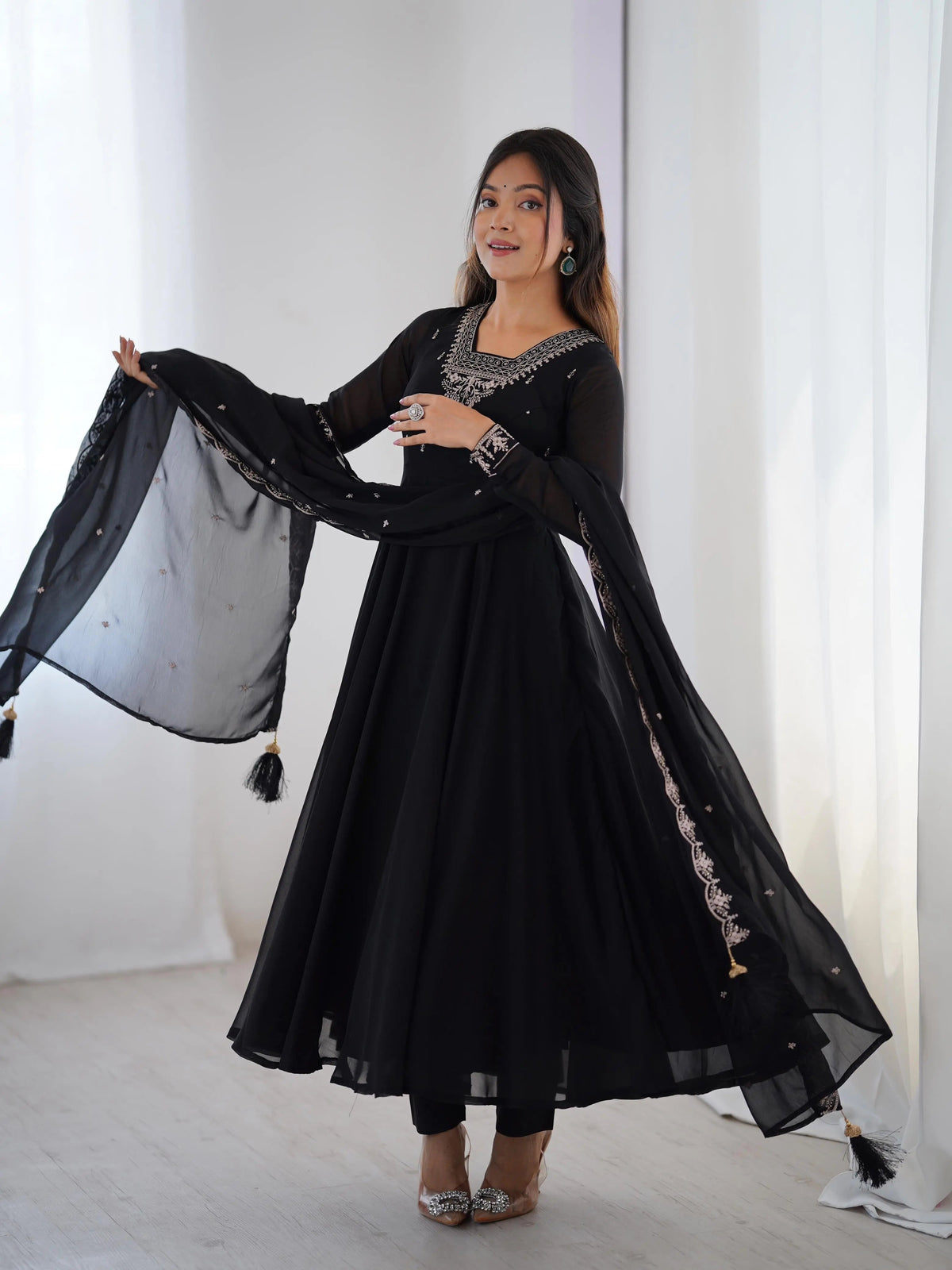 Soft Faux Georgette Black Beauty Anarkali Flair Party Wear Kurti Pant Dupatta Set (Ready to Wear)