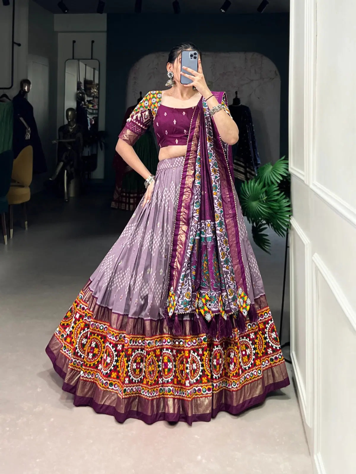 Tassar Silk Ikkat Print work Navratri Special Chaniya Choli (Ready To Wear)