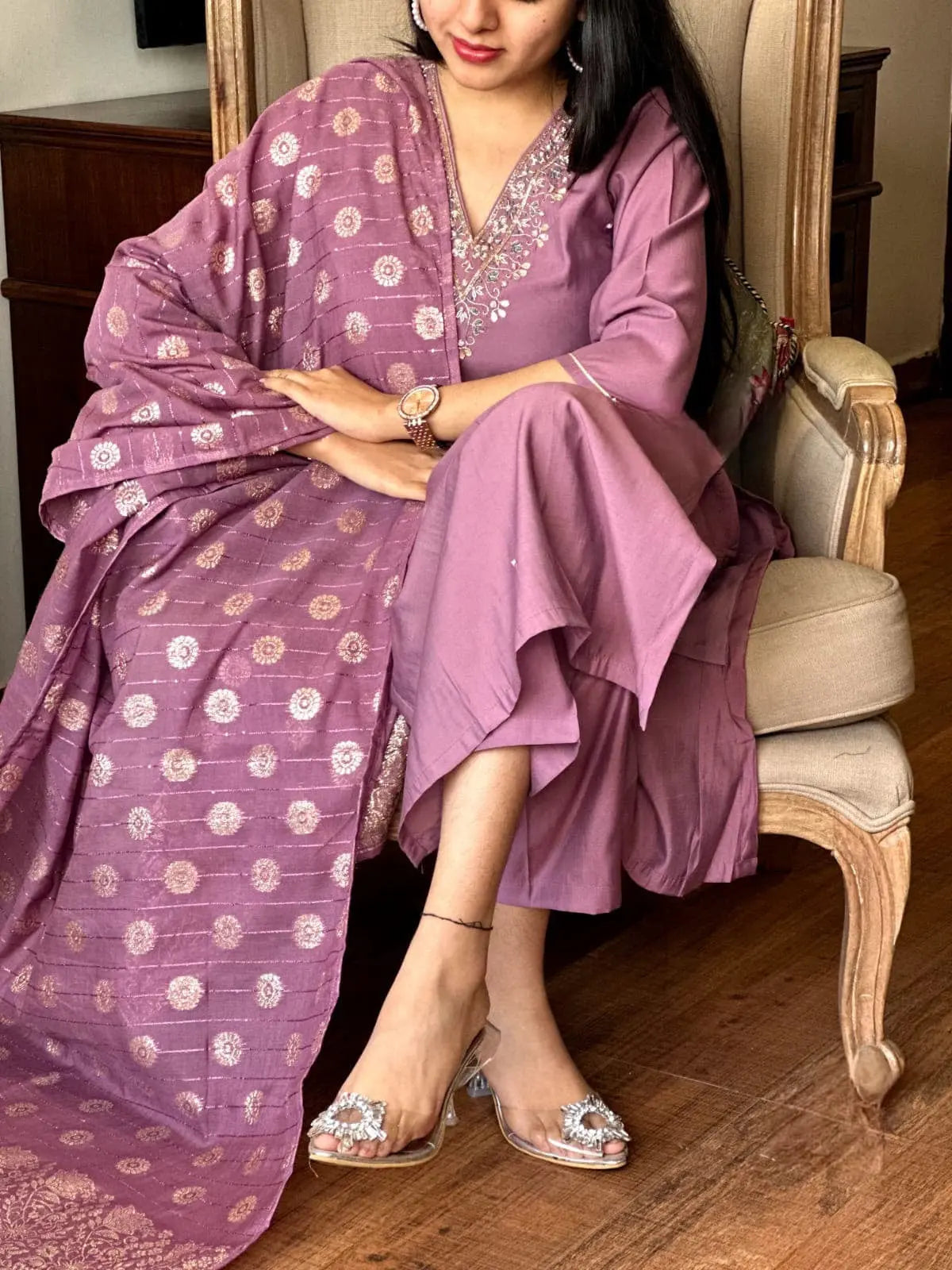 Viscose Chanderi Fabric V Neck Embroidery Work Jeckard Buta Kurti Pant Dupatta Set for Summer (Ready to Wear)