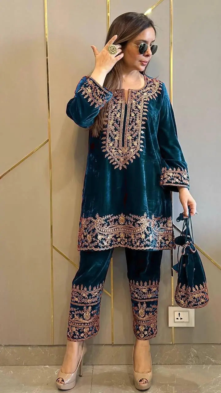 Viscose Velvet Embroidery Work Velvet Cord Set for Winter (Ready to Wear)