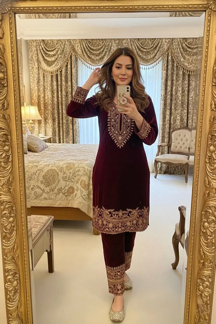 Zari Embroidery Work Ready to Wear Velvet Kurti Pant Set