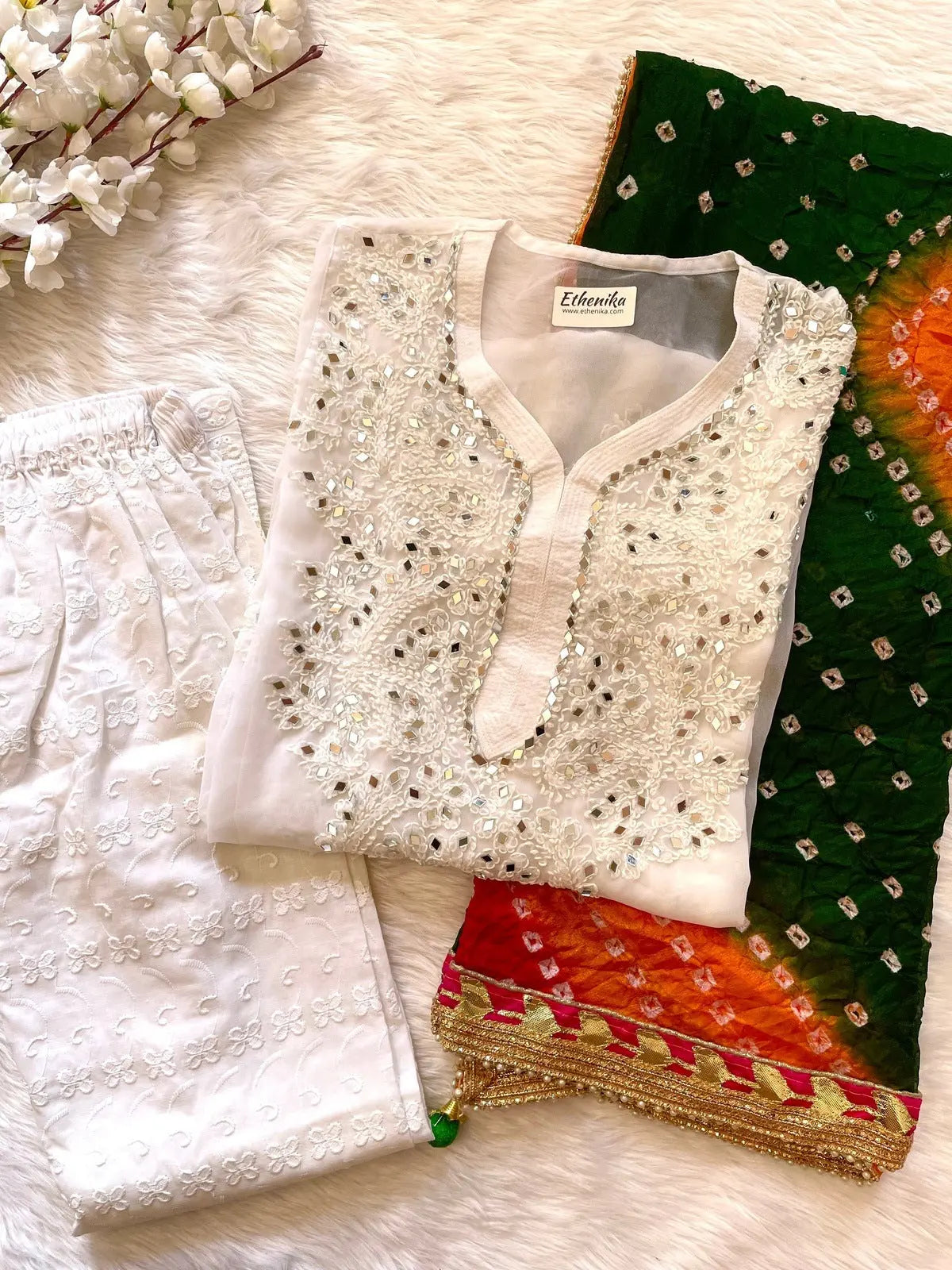 Real Mirror Work Kurti with Pant and Bandhani Work Dupatta Set (Stitched)