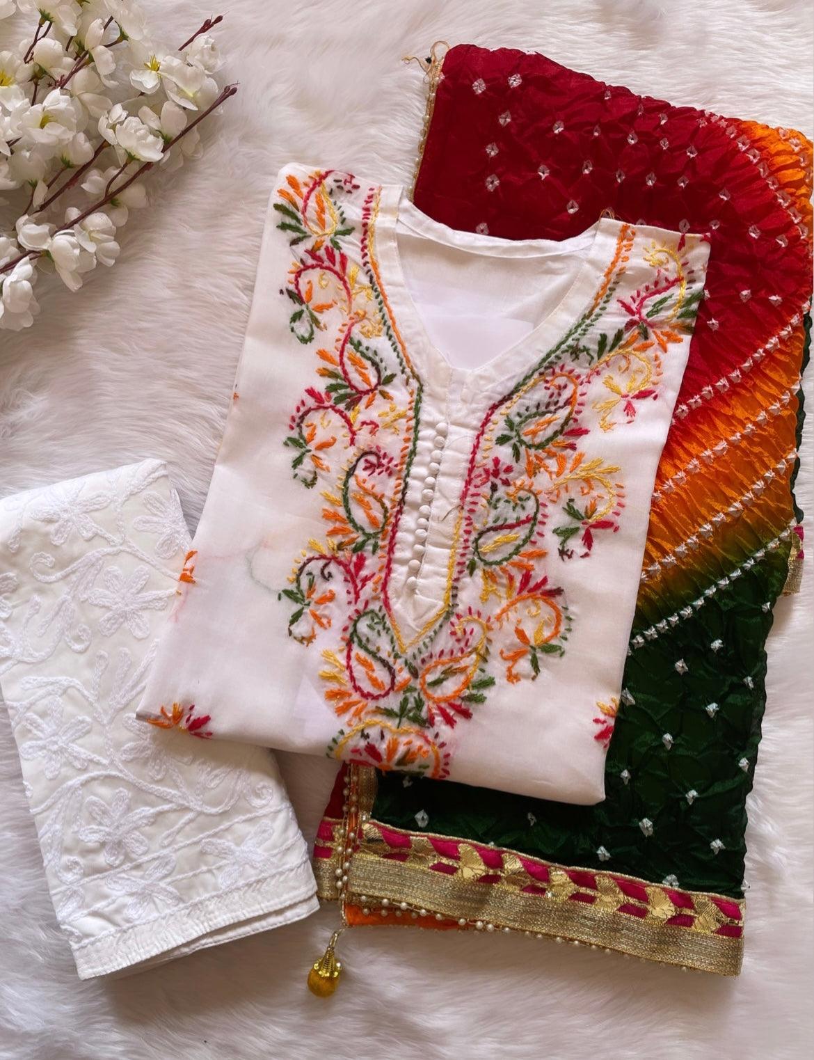Soft Cotton Kadhai work Kurta with Phulkari Dupatta & Chikankari Palazo Set