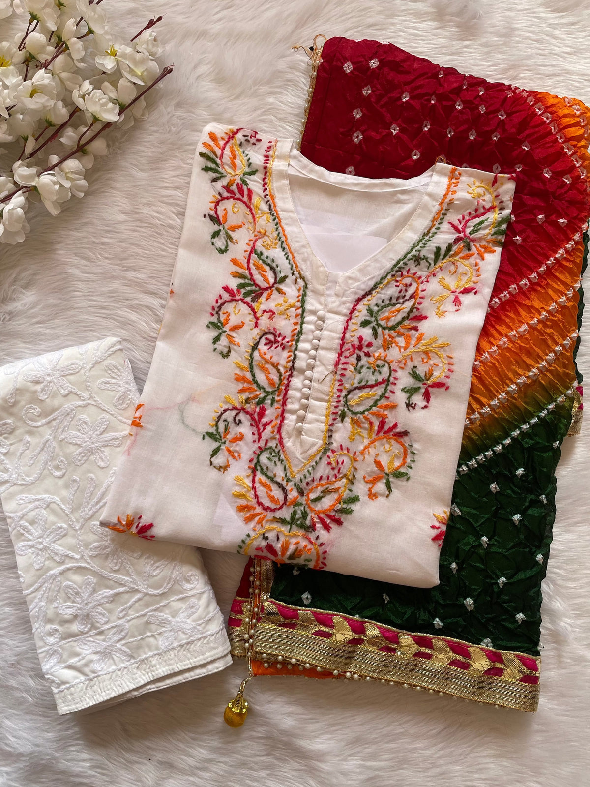 Thread Embroidery work Kurti with Chikankari Pant & Jaipuri moti work bandhani dupatta Set