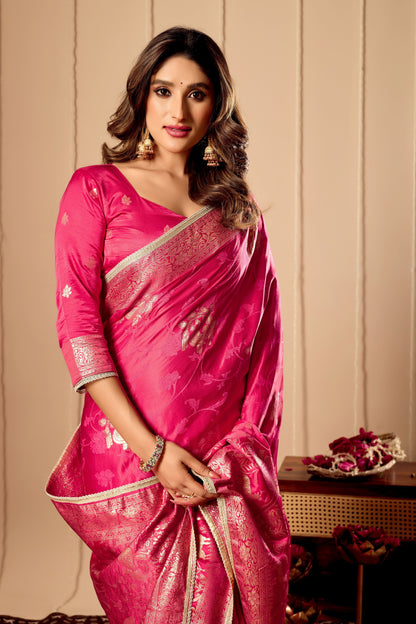 Vibrant Rani Pink  satin Silk Saree with Rich Gold Zari Weaving and Elegant Traditional Motifs