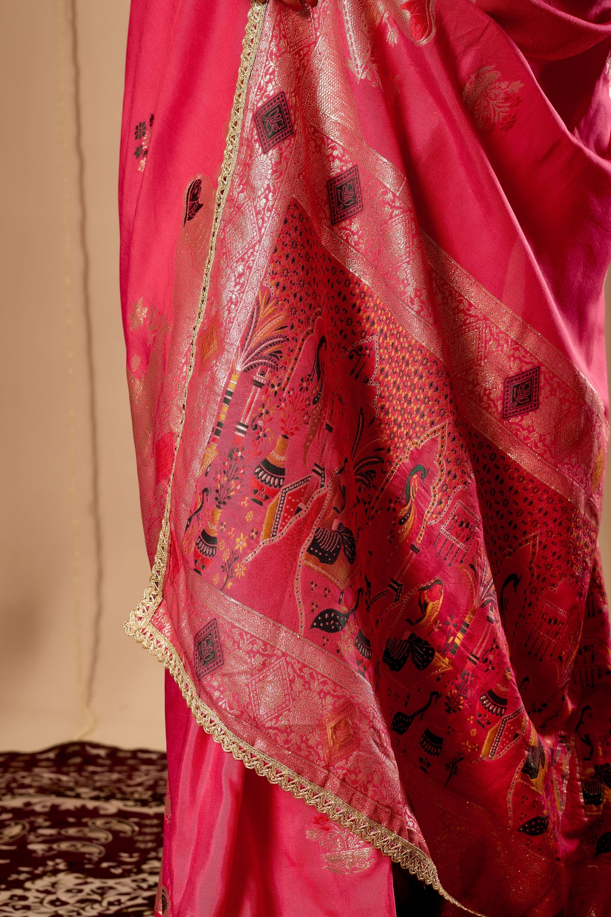 Radiant Rose Pink Satin Silk Saree with Antique Gold Zari Motifs and Ornate Traditional Pallu