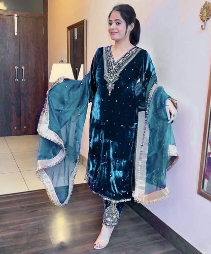 Winter Velvet Embroided Kurti Pant Dupatta Set