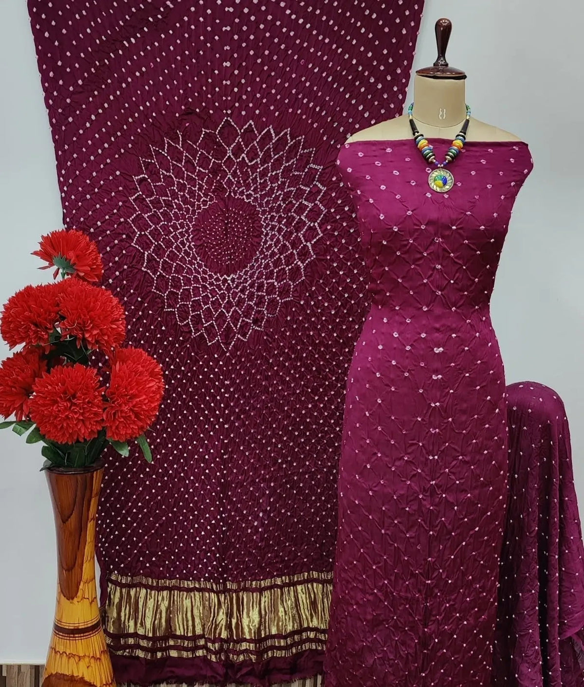 Pure Modal Silk Original Hand Crafted Bandhani Dress Material