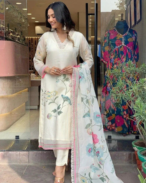Premium Organza Digital Print work Summer Wear Kurti Pant Dupatta Set (Stitched)