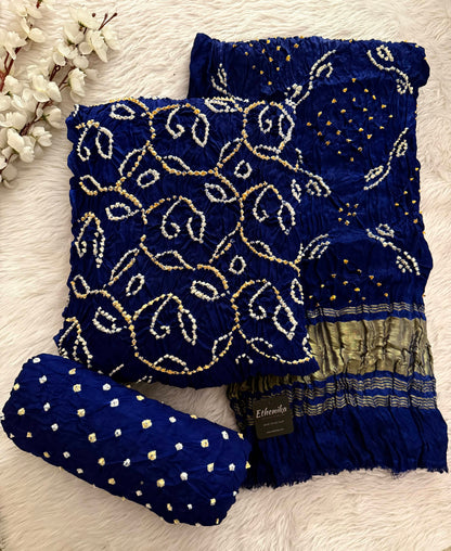 Modal Silk Hand Crafted Barik Bandhej Work Silk Bandhani Dress Material