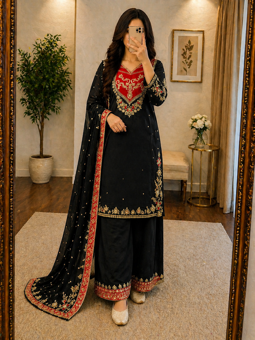 Sequence Embroidery Work Designer Kurti Palazzo Dupatta Set