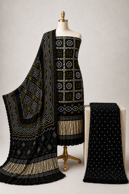 Modal Silk Golden Chex Work Jamnagar 3Pc Unstitched Dress Material