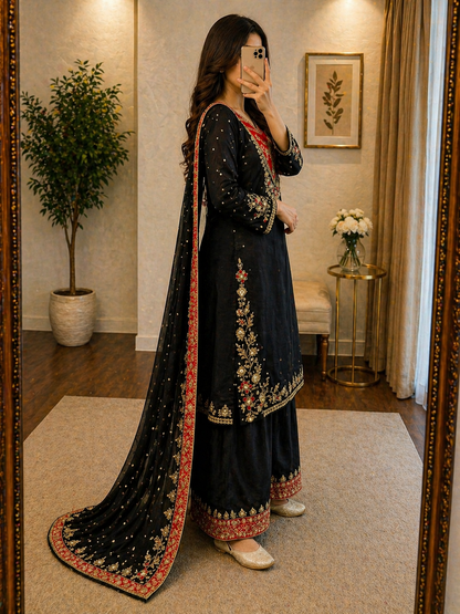 Sequence Embroidery Work Designer Kurti Palazzo Dupatta Set