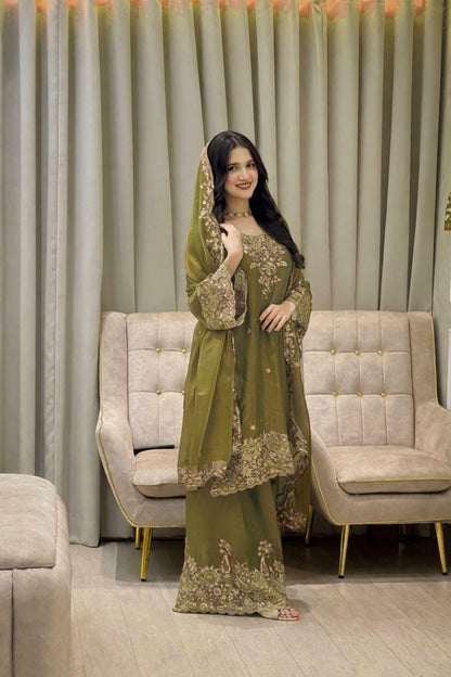 Silk Fabric Eid Special Designer Kurti Sharara Dupatta Set