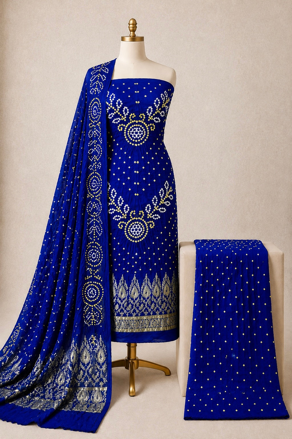 Modal Silk Barik Bandhej Work Silk 3Pc Unstitched Bandhani Dress Material
