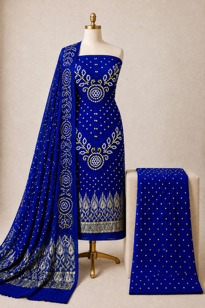 Modal Silk Barik Bandhej Work Silk 3Pc Unstitched Bandhani Dress Material