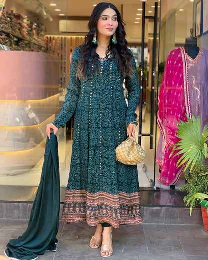 Muslin Cotton Printed Work Kurti Dupatta Set (Ready To Wear)