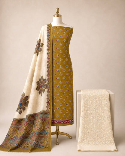 Soft Cotton Block Print Ajrakh Chikan Work 3Pc Unstitched Dress Material
