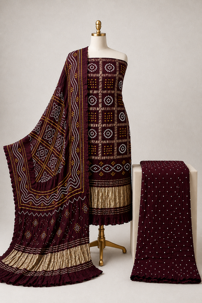 Modal Silk Golden Chex Work Jamnagar 3Pc Unstitched Dress Material