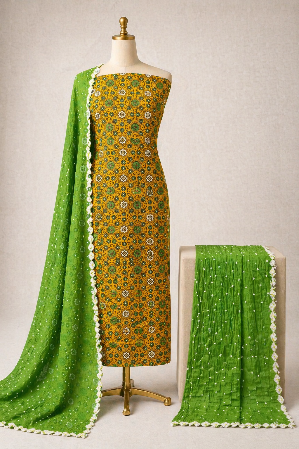 Soft Cotton Block Print Ajrakh Work Bandhani Dress Material