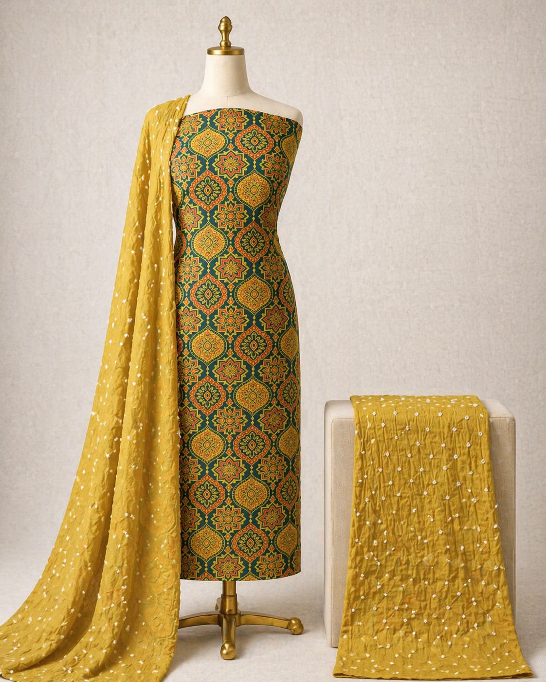 Soft Cotton Block Print Ajrakh Work Bandhani Dress Material