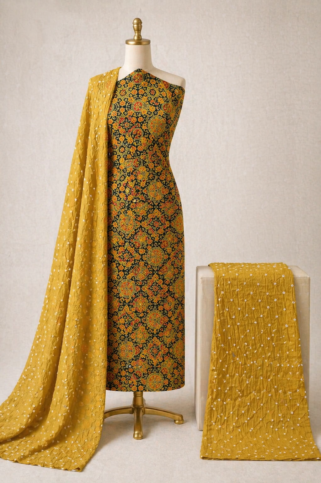 Soft Cotton Block Print Ajrakh Work Bandhani Dress Material
