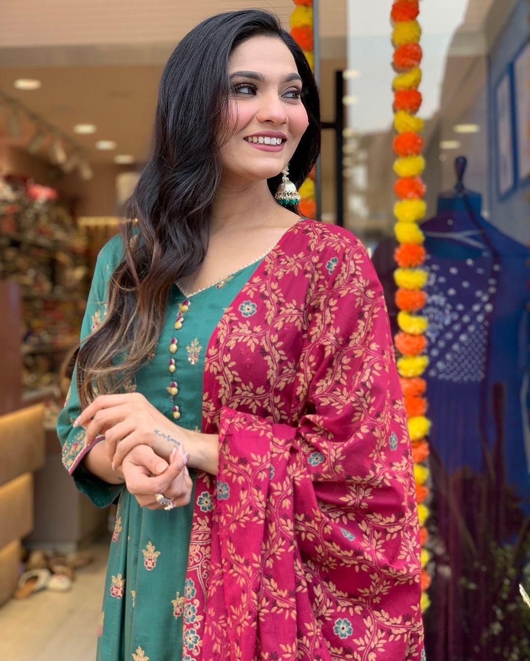 Roman Silk Foil Work Kurti Pant Dupatta Set (Stitched)