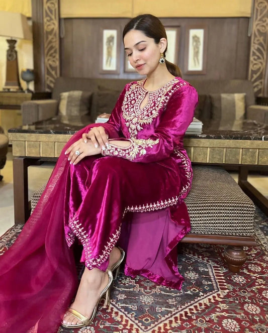 Premium Embroidery work Velvet Kurti Pant Dupatta Set ( Stitched)