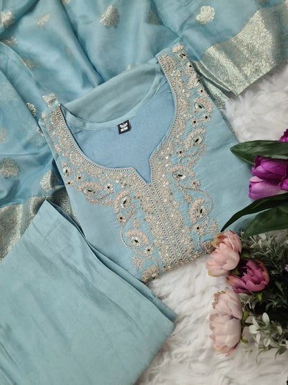 Viscose Chanderi Neck work Kurti Pant Dupatta Set