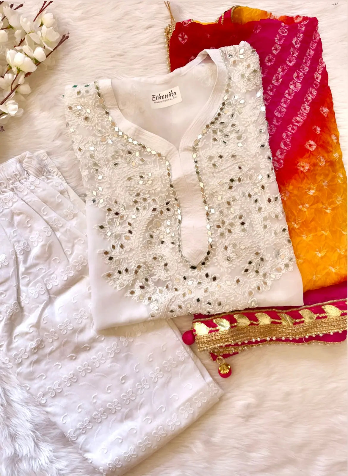 Real Mirror Work Kurti with Pant and Bandhani Work Dupatta Set (Stitched)