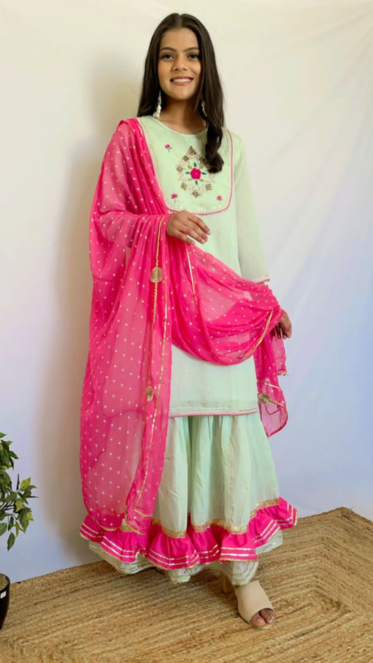 Green & Fuscia Pink Handwork Sharara Suit