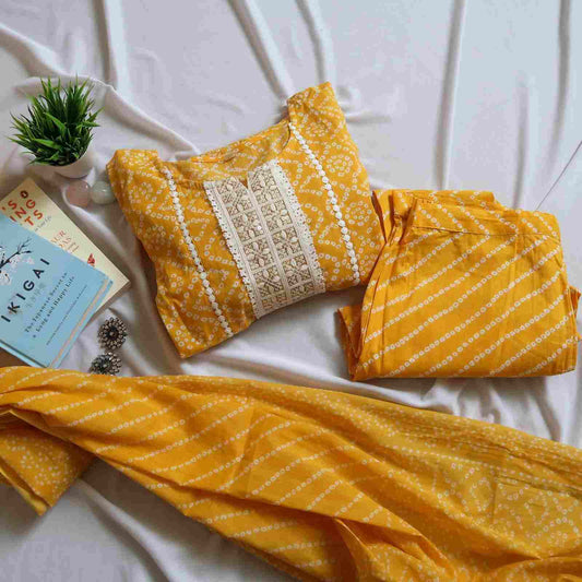 Gold Yellow Bandhej Romance Suit