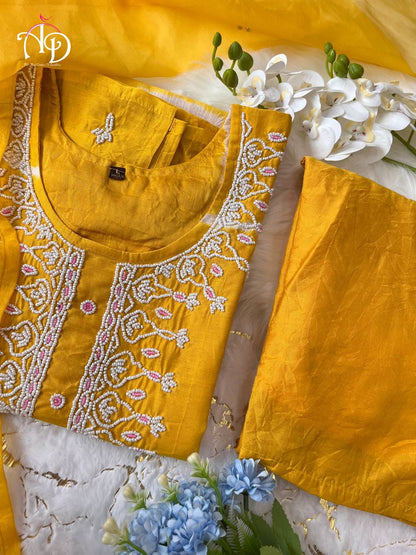 Moti Neck work Chanderi Silk Kurti Pant Dupatta Set