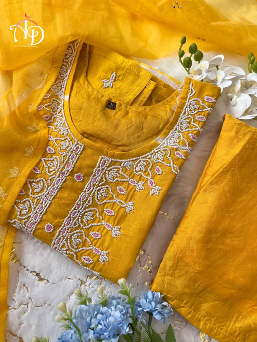 Moti Neck work Chanderi Silk Kurti Pant Dupatta Set