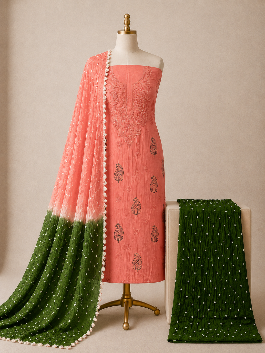 Soft Cotton Lakhnavi Thread Work 3Pc Unstitched Bandhani Dress Material