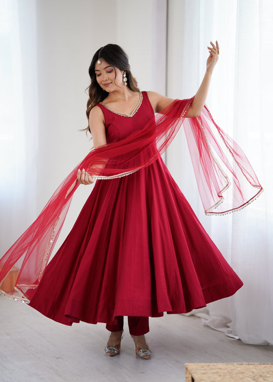 Kishika Maroon Color Anarkali Suit Set [Sleeves Fabric Attached]