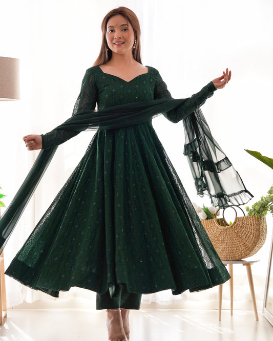 Bottle Green Designer Anarkali Suit with Pant and Dupatta