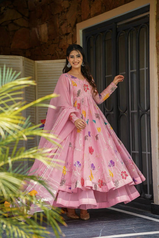 Pastel Pink Embroidered Anarkali with Sharara