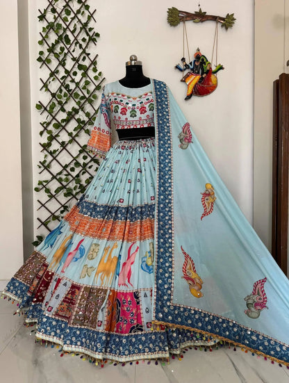 Muslin Cotton Digital Print Mirror Work Designer Chaniya Choli for Navratri