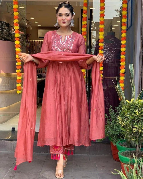 Muslin Summer Special Mirror work Kurti Pant Dupatta Set (Stitched)