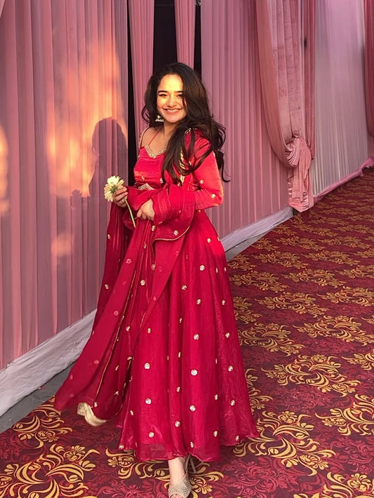 Molins Fendy Silk Blush Red Anarkali Premium Suit Set