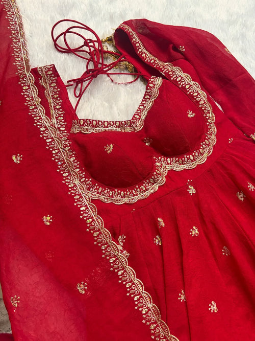Red Chilli Slit Anarkali Premium Suit Set