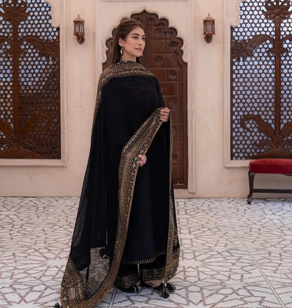 Roman Silk Embroidery Work Designer 3 Pc Kurti Palazzo Dupatta Set