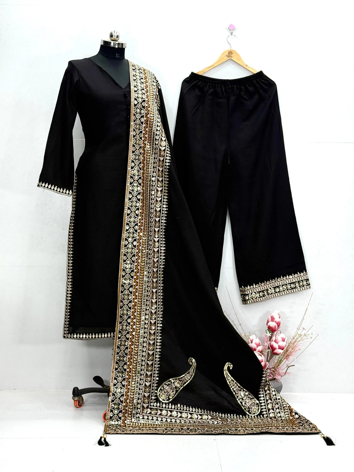 Roman Silk Embroidery Work Designer 3 Pc Kurti Palazzo Dupatta Set