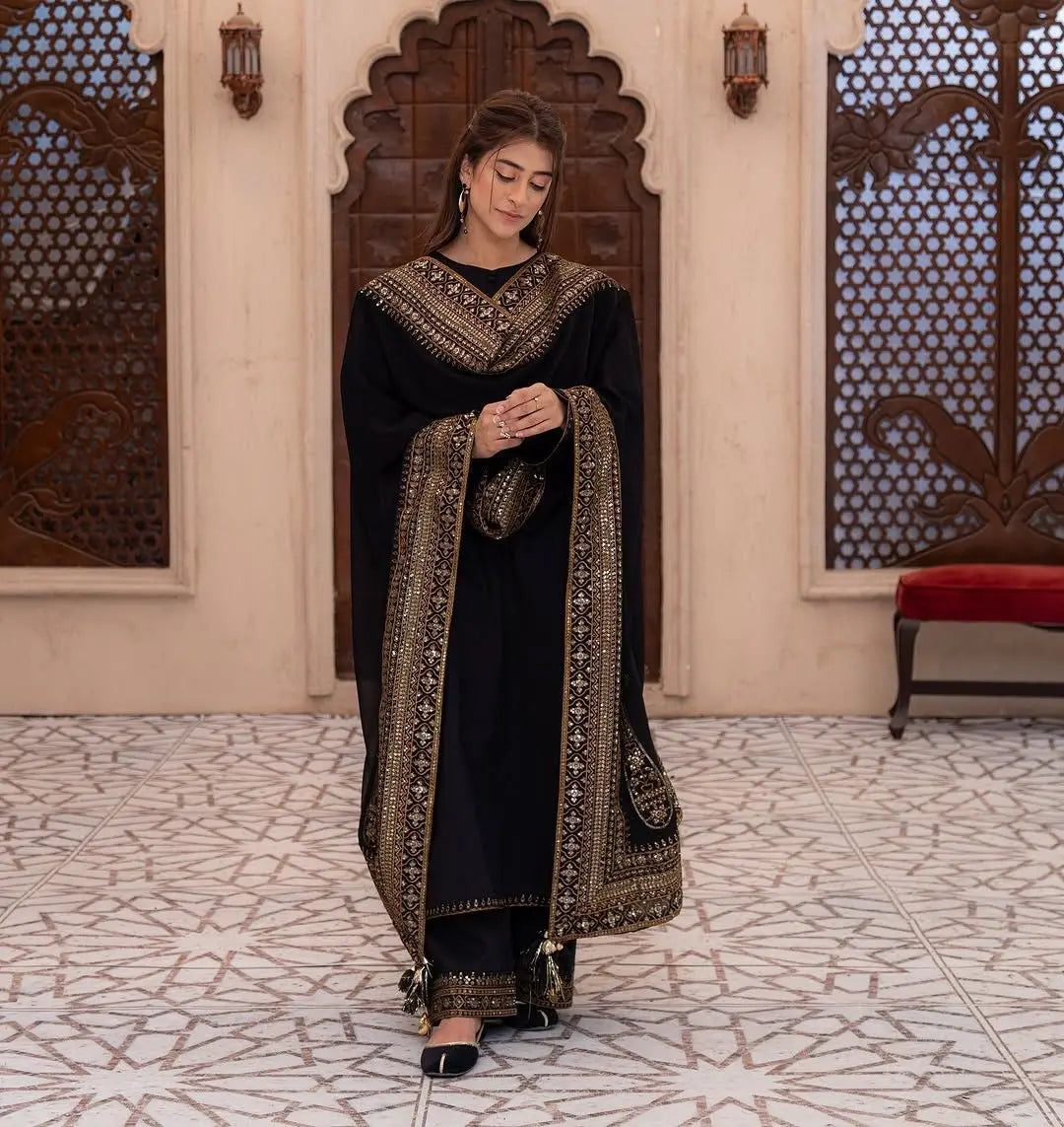 Roman Silk Embroidery Work Designer 3 Pc Kurti Palazzo Dupatta Set