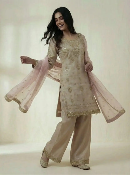 Silk Sequence Embroidery Work Designer Kurti Pant Dupatta Set